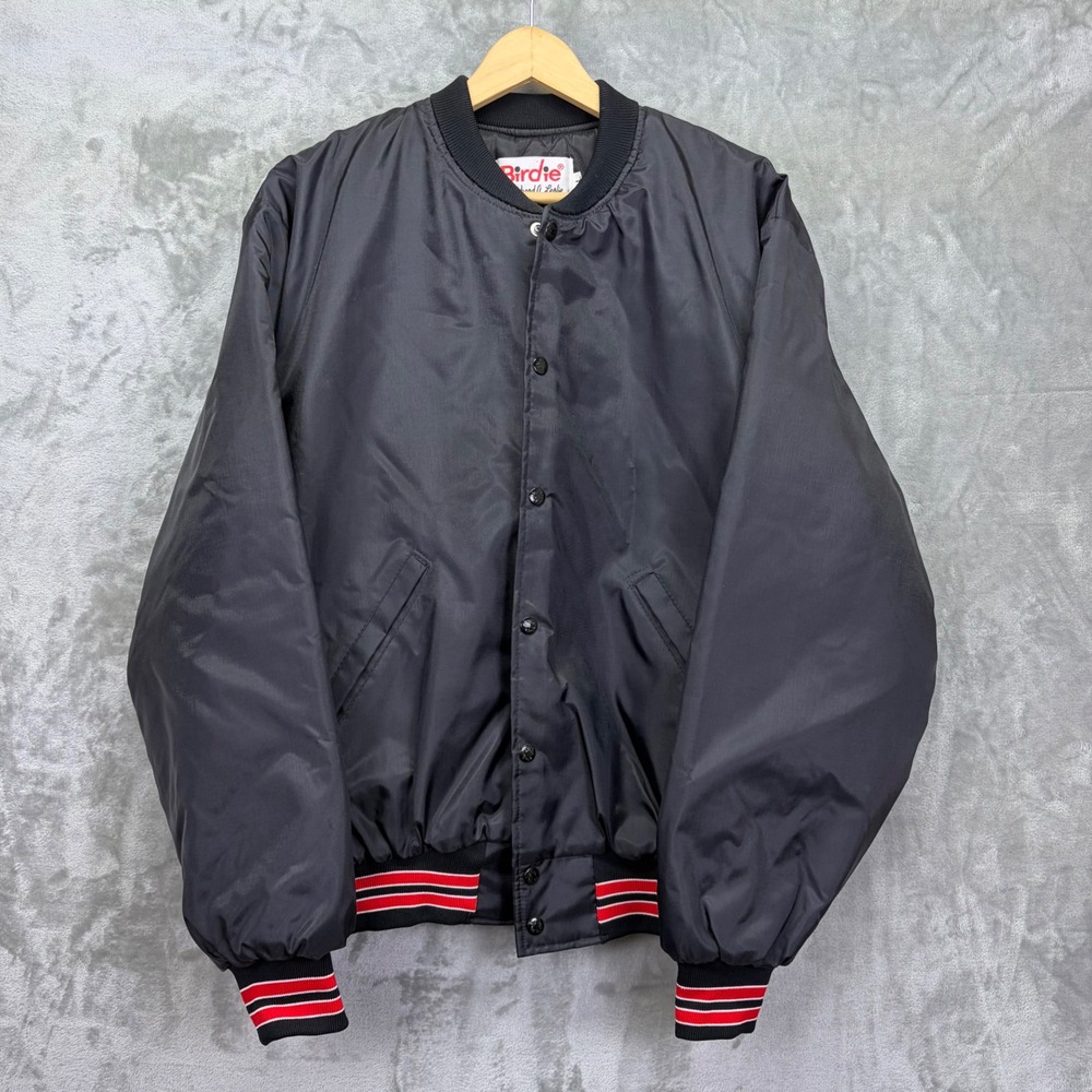 Vintage Birdie Mens Bomber Jacket 90's Quilted Lined Black Red White‎ Stripe L